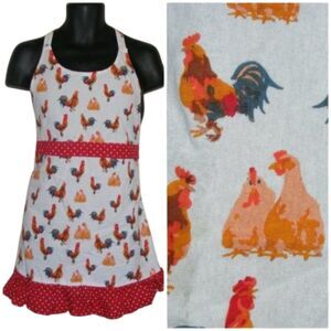Chicken Apron, OS, white/Red Polka Dot trim, Ties Neck & Waist, Roosters/Hens